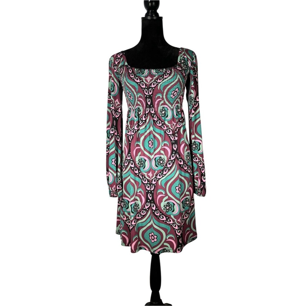 Bisou Bisou Y2K Dress Boho Paisley Smocked Retro Mod Jersey Teal Pink Stretchy